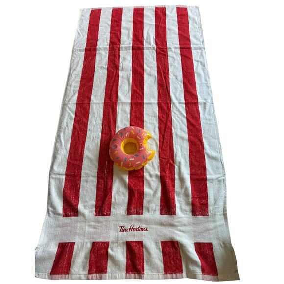Tim Hortons Large Beach Pool Bath Towel With Inflatable Drink Holder Donut READ - Picture 2 of 8